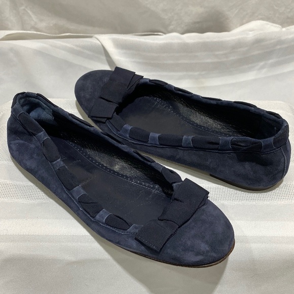 J.Crew Navy Blue Suede Flats Ribbon Weaving and Bow Detail Women’s Size …